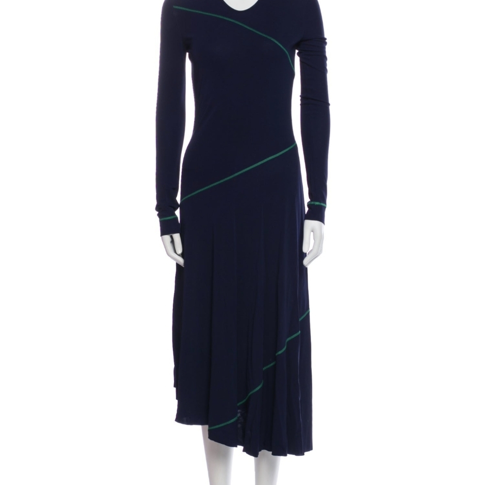 Navy Long-Sleeve Midi Dress with Green Trim